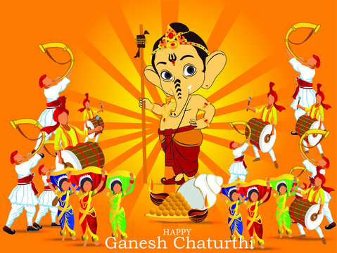 Illustration Of Beautifully Composed Ganesh Chaturthi Festival. Dancing Ladies,marathi Dance , Musical Instrument Like Dhol , Bigul. People Celebrating And Spreading Happiness.