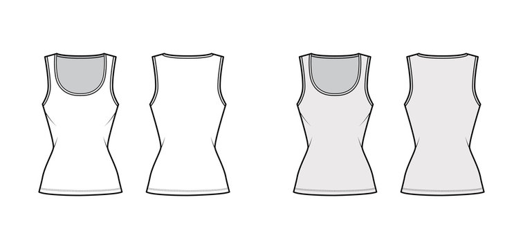 Cotton-jersey tank technical fashion illustration with slim fit, wide scoop neckline, sleeveless. Flat outwear cami apparel template front back white grey color. Women men unisex shirt top CAD mockup 