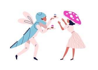 Funny couple in festive halloween mushroom and dragonfly costume. People in masquerade clothes with cupcakes in holiday. Flat vector cartoon illustration isolated on white background