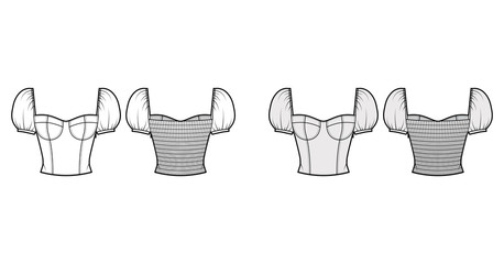 Jewel cropped shirred corset-style top technical fashion illustration with puffed shoulders, molded cups, close fit, shirred back. Flat template front, back, white, grey color. Women men, unisex shirt