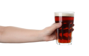 Woman with delicious kvass on white background, closeup