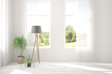 White stylish empty room with summer landscape in window. Scandinavian interior design. 3D illustration