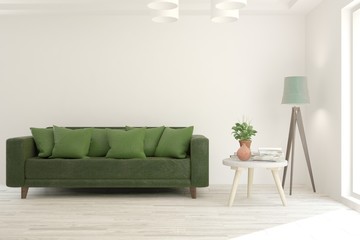 White stylish minimalist room with sofa. Scandinavian interior design. 3D illustration