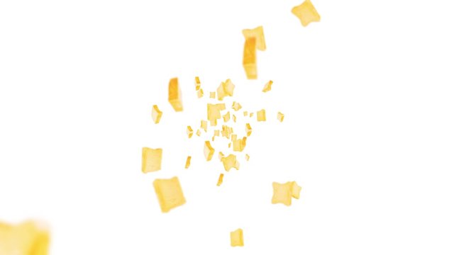 Flying many plain bread slices on black background. Foodstuff, Food and eating concept. 3D animation of wheat bread slice rotating. Loop animation.