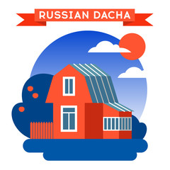 Naklejka premium Vector illustration of russion dacha house in flat style with fence and garden