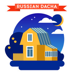 Vector illustration of russion dacha house in flat style with fence and garden