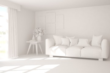 Stylish minimalist room with sofa in white color. Scandinavian interior design. 3D illustration