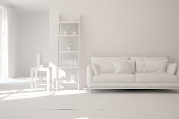 Stylish minimalist room with sofa in white color. Scandinavian interior design. 3D illustration