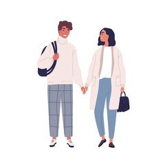 Walking happy modern young people. Couple in love, holding hands and looking at each other. Romantic stylish woman and man in casual warm clothes. Flat vector cartoon illustration isolated on white