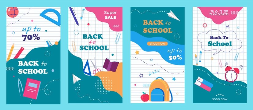 Back to school Stories template for social media, apps, print. Sale flyers set with a modern abstract, notebook paper background and school items vector illustration.