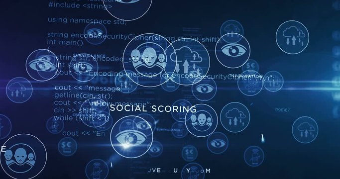 Social scoring, privacy, personal surveillance, cyber supervise, information spying technology symbols 3d rendering abstract concept animation. Icons loopable seamless futuristic digital background.