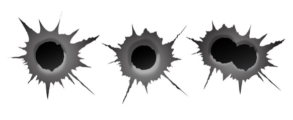 Bullet hole on white background. Realisic metal single and double bullet hole, damage effect. Vector illustration. - obrazy, fototapety, plakaty