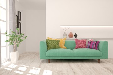 White stylish minimalist room with colorful, sofa. Scandinavian interior design. 3D illustration