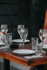 Glasses of white and pink sparkling wine on the table at the restaurant. Special wine tasting.