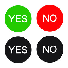 Yes and no vector button set. Red and green round shape vote icon. Poll and voting choice buttons. Panel checkout symbol sign. isolated on white background.