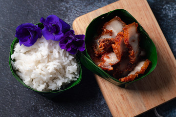 Pork fried rice in banana leaf krathong