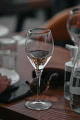 Glasses of white and pink sparkling wine on the table at the restaurant. Special wine tasting.