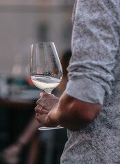 Glasses of white and pink sparkling wine on the table at the restaurant. Special wine tasting.