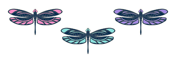 Set with openwork dragonfly icons. Colorful vector illustration. Isolated bright element with a beige outline on a white background. Creative concept for the design of logos, printed, covers, labeled.