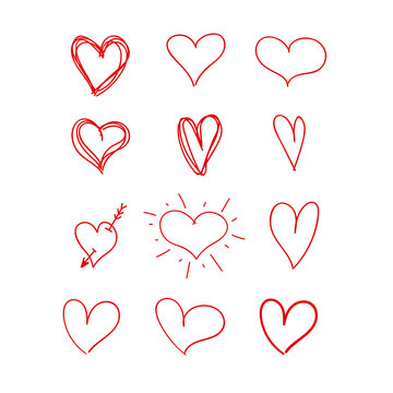 Vector hand drawn heart, red color, design elements set, freehand rough marker drawings isolated on white background.