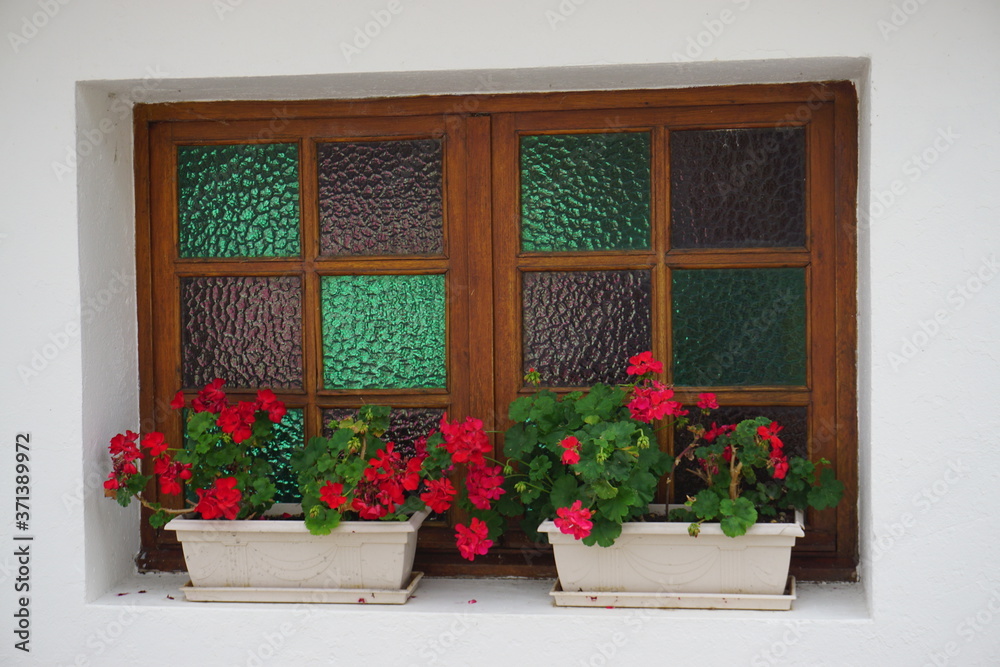 Wall mural stained glass wooden window with flowers