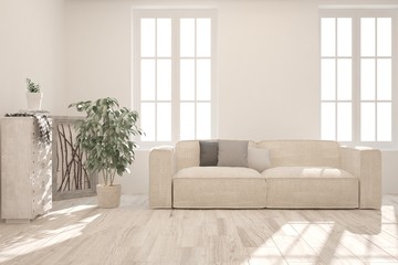 White stylish minimalist room with sofa. Scandinavian interior design. 3D illustration