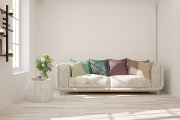 Fototapeta premium White stylish minimalist room with sofa. Scandinavian interior design. 3D illustration