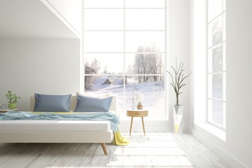 White stylish minimalist bedroom with winter landscape in window. Scandinavian interior design. 3D illustration