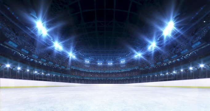 Sport stadium video background with ice rink playground, flashing lights and cheering crowd. Glowing stadium lights in 4k loop animation.