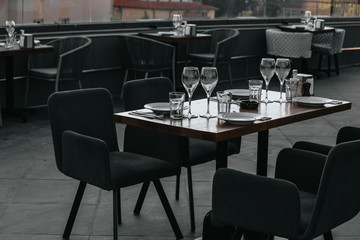 Glasses of white and pink sparkling wine on the table at the restaurant. Special wine tasting.