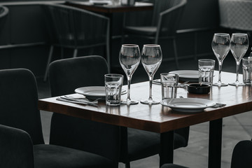 Glasses of white and pink sparkling wine on the table at the restaurant. Special wine tasting.