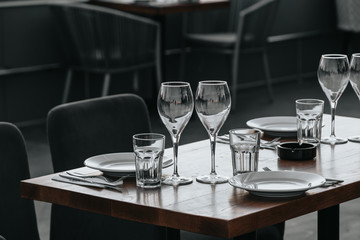 Glasses of white and pink sparkling wine on the table at the restaurant. Special wine tasting.