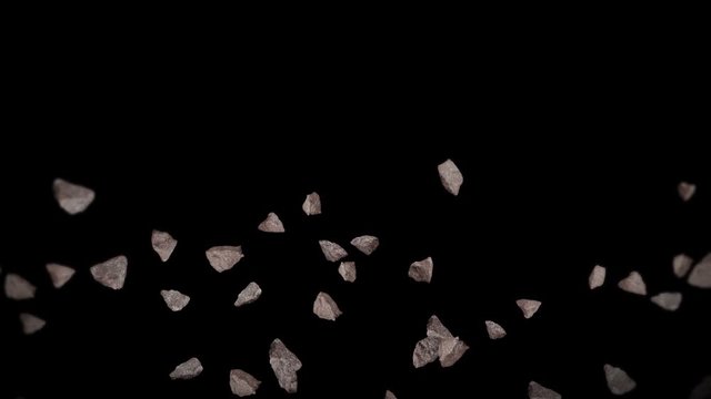 Flying many rock stone on black background. Broken splash explosion. Challenge concept. 3D animation of stone splash rotating. Loop animation.