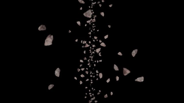 Flying many rock stone on black background. Broken splash explosion. Challenge concept. 3D animation of stone splash rotating. Loop animation.