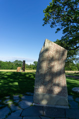 The Rök runestone, featuring runic inscription in stone. Midgard Historical Centre in Borre,...