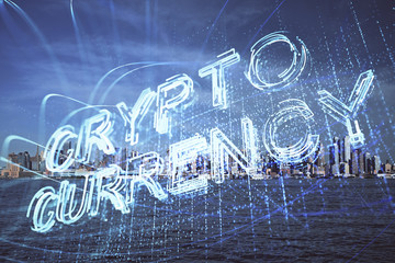 Double exposure of crypto currency theme hologram drawing and city veiw background. Concept of blockchain and bitcoin.