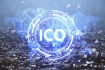 Double exposure of crypto currency theme hologram drawing and city veiw background. Concept of...