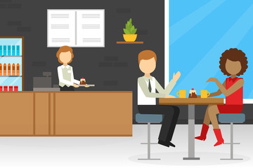 Couple Eating Desserts and Communicating in Cafe, Cafeteria, Confectionery Interior Cartoon Vector Illustration