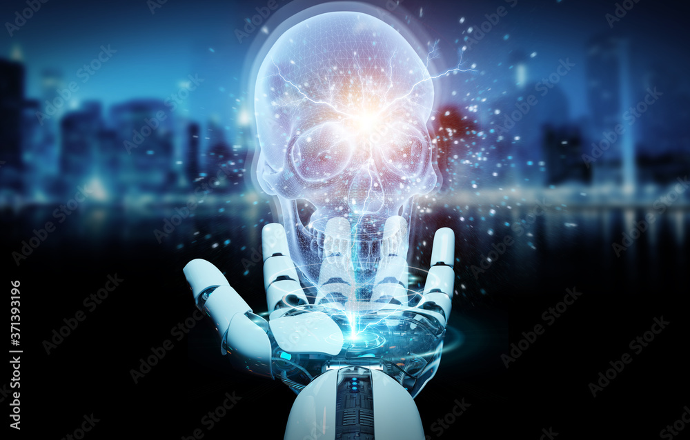 Poster Robot hand using digital x-ray skull holographic scan projection 3D rendering