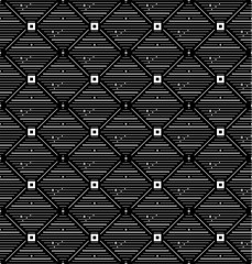 Thin white square rhombus with small circles, rhombuses seamless pattern. Geometry black simple square in square vector pattern for man clothes