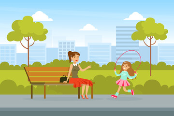 Obraz na płótnie Canvas Mother and Daughter Walking Together in Summer Park, Cute Girl Jumping with Skipping Rope, Summer Outdoor Activity Cartoon Vector Illustration