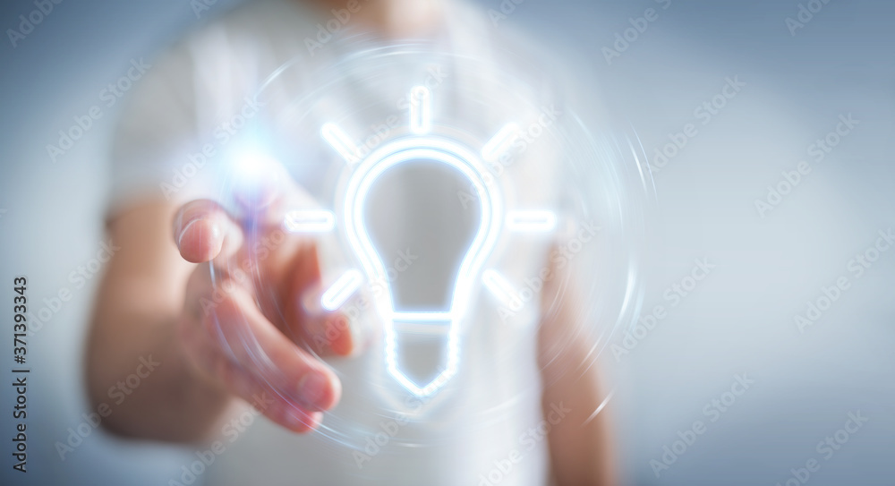 Leinwandbilder man using lightbulb neon digital interface 3d rendering