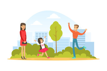 Obraz na płótnie Canvas Family Walking in Park Outdoor, Cute Little Girl Running to Hug her Daddy, Kid Summer Outdoor Activity Cartoon Vector Illustration