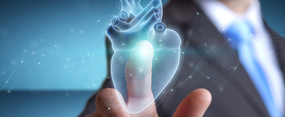 Man using digital x-ray of human heart holographic scan projection 3D rendering