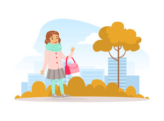 Cute Girl walking with Bag in Autumn City Park, Kid Outdoor Activity Cartoon Vector Illustration