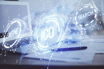 Double exposure of blockchain and crypto economy theme hologram and table with computer background....