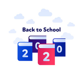 Back to school 2020 and education concept. Vector flat illustration. Group of book symbol with text isolated on white background with clouds. Design for school banner, poster, web, infographic