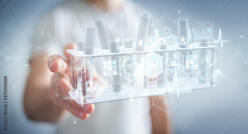 Leinwandbilder man holding and touching holographic tubes samples projection 3d rendering