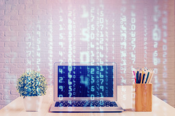 Double exposure of table with computer on background and data theme hologram. Data technology concept.
