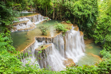 Fototapeta na wymiar Huay Mae Kamin or Huai Mae Khamin Waterfall at Khuean Srinagarindra National Park or Srinagarind Dam National Park in Kanchanaburi Province, Thailand